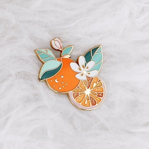 Orange flowered glitter pin - enamel citrus brooch - fruit accessory and gift