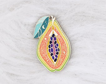 Papaja fruitspeld - emaille speld - glinsterende exotische fruitbroche