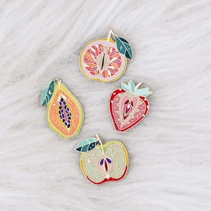 Set of four enamel pins grapefruit + strawberry + apple + papaya - glitter brooch - women gift