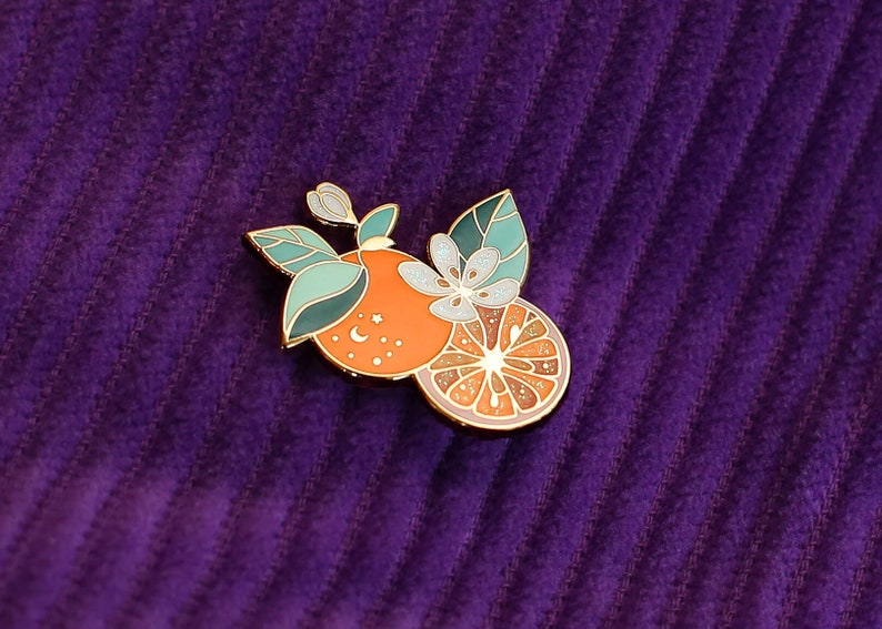 Orange flowered glitter pin enamel citrus brooch fruit accessory and gift image 3