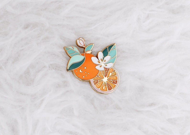 Orange flowered glitter pin enamel citrus brooch fruit accessory and gift image 1
