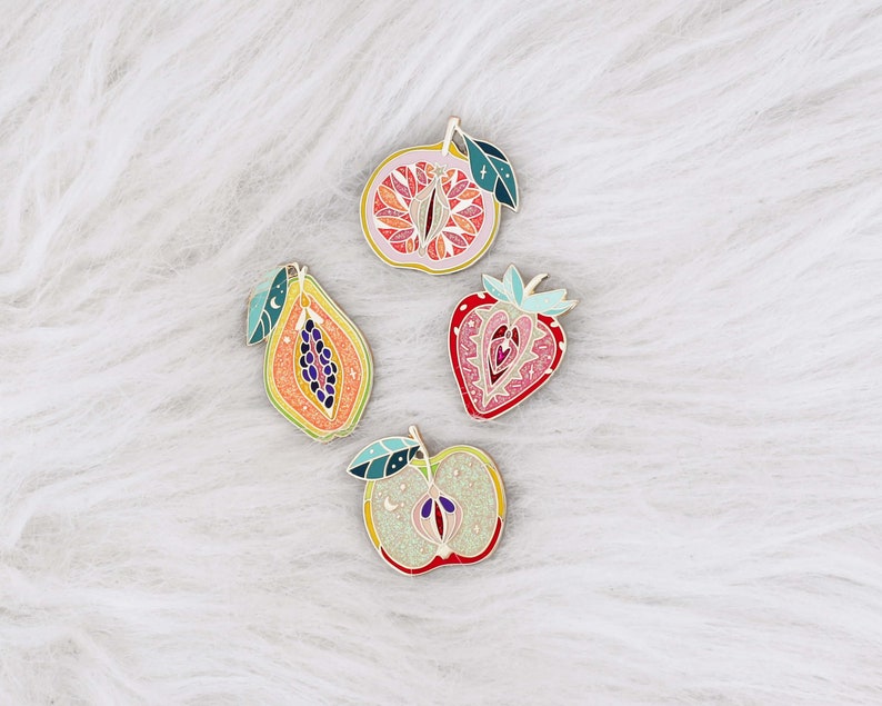 Set of four enamel pins grapefruit strawberry apple papaya glitter brooch women gift image 1