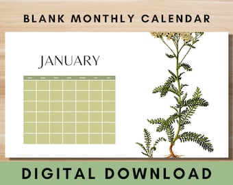 Calendario imprimible de plantas / DESCARGA DIGITAL / Calendario de plantas imprimibles / Regalo de planta para ella / Calendario de mes en blanco / Calendario de planta rellenable