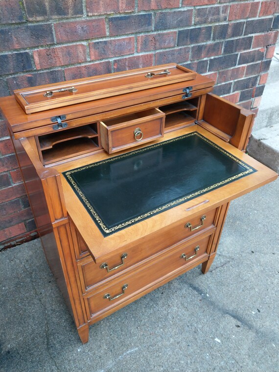 Vintage Mid Century Hekman Dresser With Leather Top Secretary Etsy