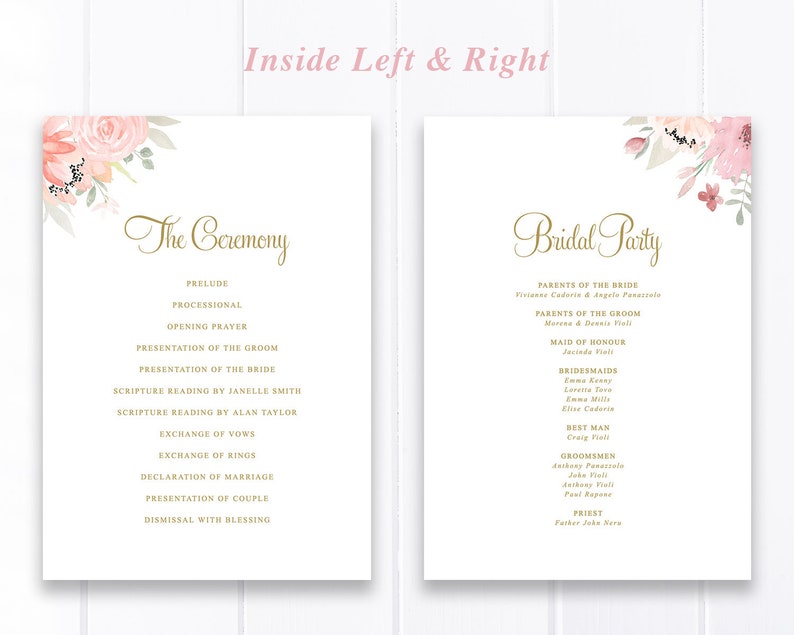 Folded Wedding Program Template with Pink Florals Gold and Pink Order of Service Booklet Cover Kristen Suite Editable Program Cover