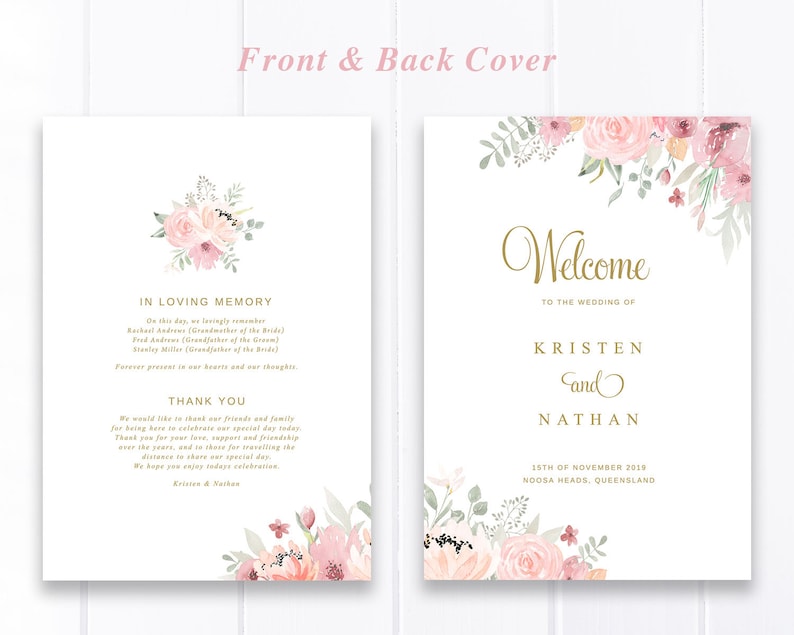 Folded Wedding Program Template with Pink Florals Gold and Pink Order of Service Booklet Cover Kristen Suite Editable Program Cover