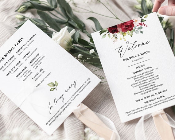Wedding Program Fan Template With Burgundy Red Florals And Etsy
