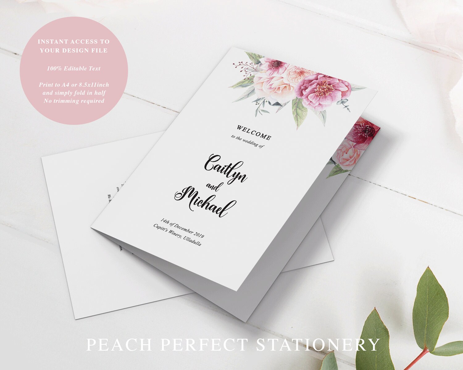 Folded Wedding Program Template With Pink Florals Order Of Etsy