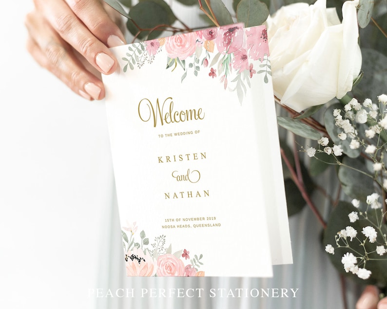 Folded Wedding Program Template with Pink Florals Gold and Pink Order of Service Booklet Cover Kristen Suite Editable Program Cover