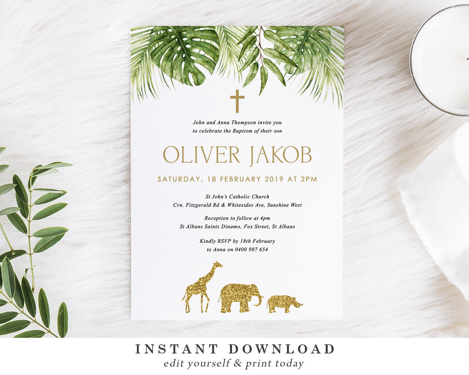 Jungle Safari Baptism Invitation Greenery Gold Baptism Invitation Boy