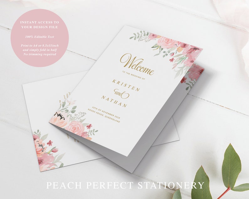 Folded Wedding Program Template with Pink Florals Gold and Pink Order of Service Booklet Cover Kristen Suite Editable Program Cover