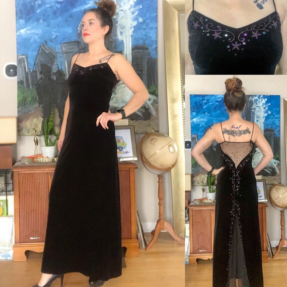 Vintage 90’s Black Velvet Open Back Prom Dress, Vi