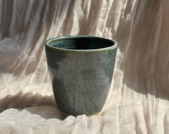 Handmade ceramic cup, Green glazed cup, hand carved clay, 300ml speckled mugs, unique british gift, tea coffee lover, beach dining