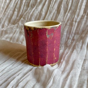Handmade ceramic beaker, Dark pink glazed cup, hand carved clay, 250ml berry mugs, unique british gift, tea coffee lover,