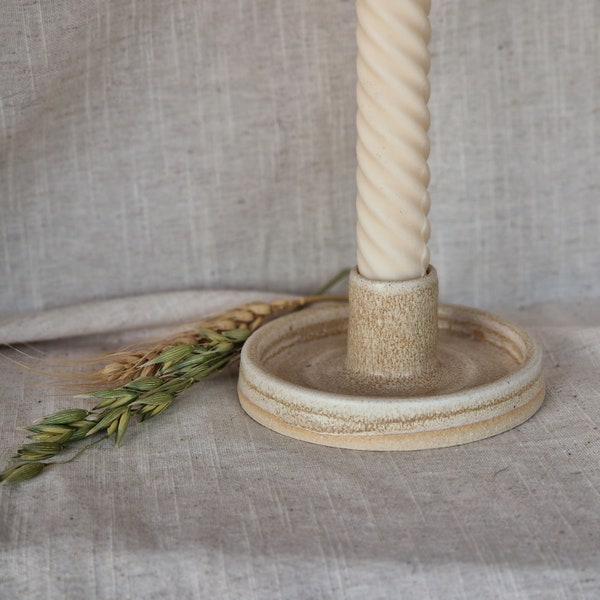 Cream candlestick holder, Neutral candle gift homeware, boho home decor, Speckled candle stick holder