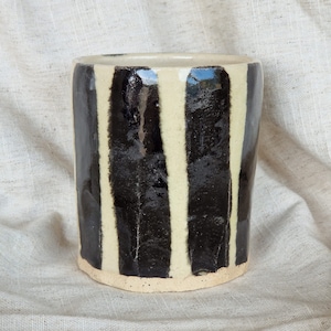 Handmade ceramic beaker, stripe glazed cup, hand carved clay, 250ml black mugs, unique british gift, tea coffee lover,stripe slipware dining
