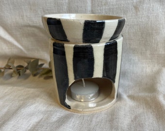 Stripe ceramic wax burner, ceramic oil burner, handmade black pot,  essential oil melter, unique Christmas gift, removable burner dish