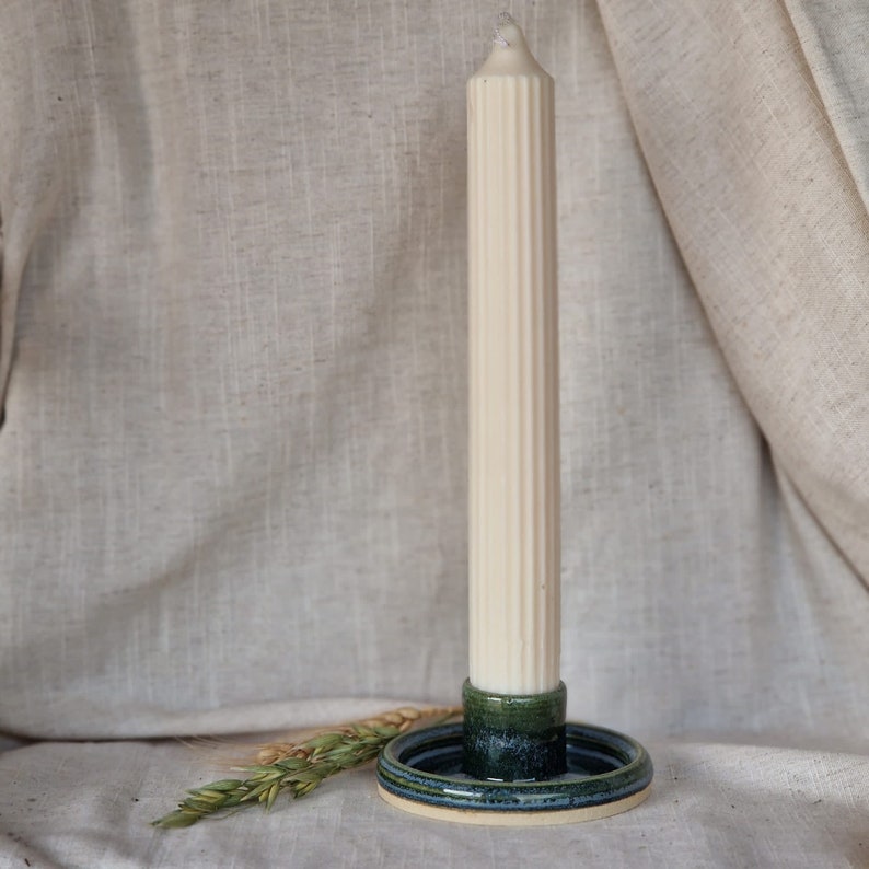 Dark green candlestick set, green candle gift homeware, boho home decor, Speckled candle stick holder image 4
