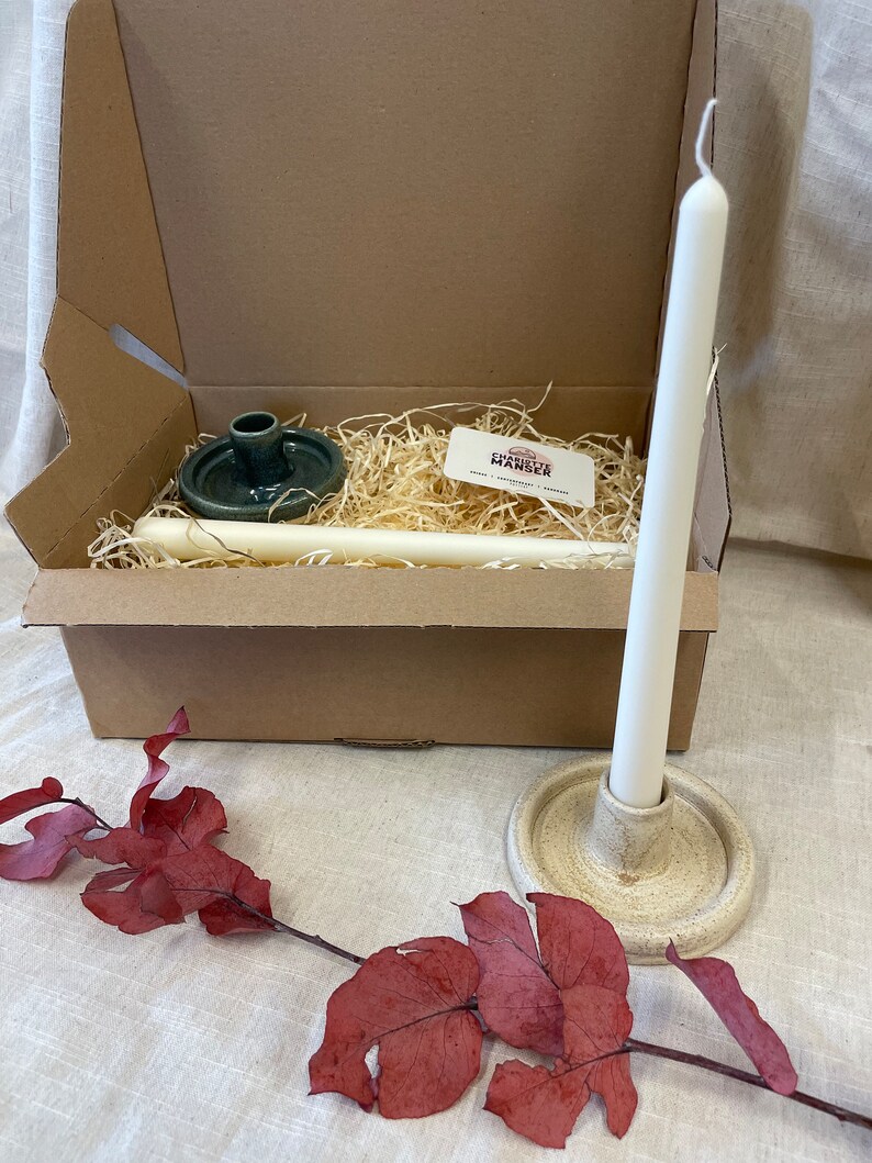 Dark green candlestick set, green candle gift homeware, boho home decor, Speckled candle stick holder Gift Set Plain