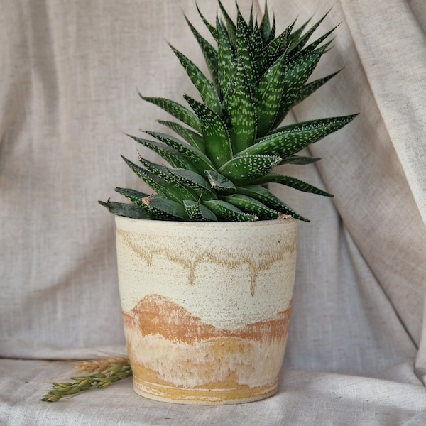 Dunes ceramic planter, Handmade glazed pot, cream plant pot, large orange vessel, unique British gift, handcrafted plant pots