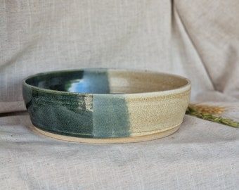 Mountains pasta bowl, handmade wide dish, ceramic serving bowls, beige pottery decor, green kitchen plate, eco friendly living,