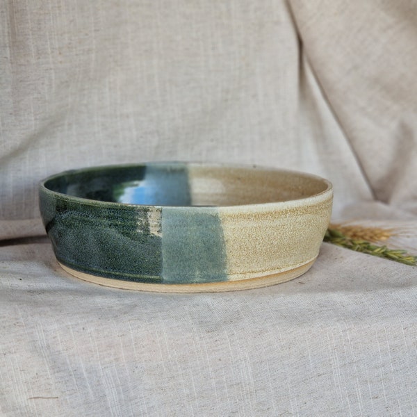 Mountains pasta bowl, handmade wide dish, ceramic serving bowls, beige pottery decor, green kitchen plate, eco friendly living,