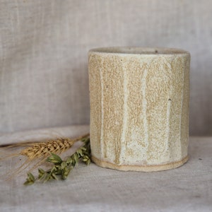 Handmade ceramic beaker, Cream glazed cup, hand carved clay, 250ml flecked beige mugs, unique british gift, tea coffee lover, beach dining