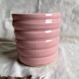 May include: A pink ceramic planter with a ribbed design. The planter has a smooth, glossy finish.