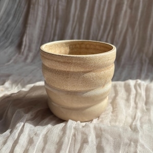 May include: A beige ceramic plant pot with a textured, spiral design. The pot has a wide opening and a rounded base. The colour is a warm, neutral tone, suitable for various decor styles. The pot is likely handmade.