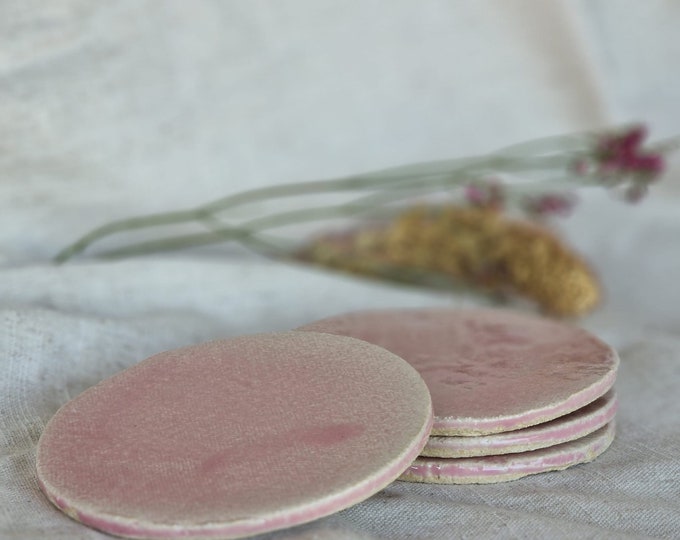 NEW Pink Set of coasters, handmade ceramic coaster, circle drink coasters, tea place matt, modern kitchen homeware, unique boho dining