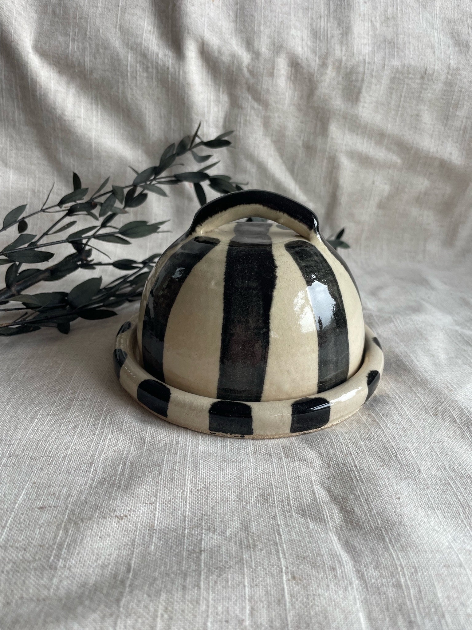 Stripe ceramic butter dish, handmade butter cellar, hand thrown butter dishes