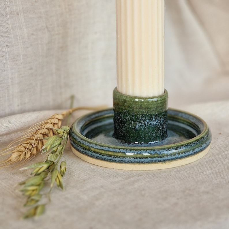 Dark green candlestick set, green candle gift homeware, boho home decor, Speckled candle stick holder Individual holder