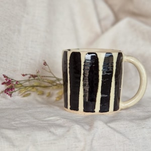 STRIPE Handmade ceramic mug, white glazed cup, 400ml striped mugs, unique gift, tea coffee lover, black stripe mug