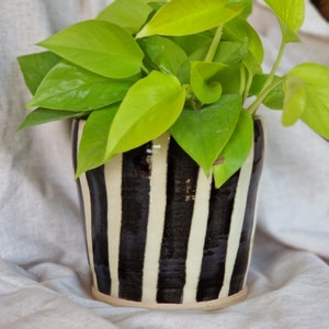 NEW stripe ceramic planter, Handmade glazed pot, white plant pot, large black vessel, unique British gift, handcrafted plant pots