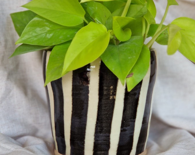 NEW stripe ceramic planter, Handmade glazed pot, white plant pot, large black vessel, unique British gift, handcrafted plant pots