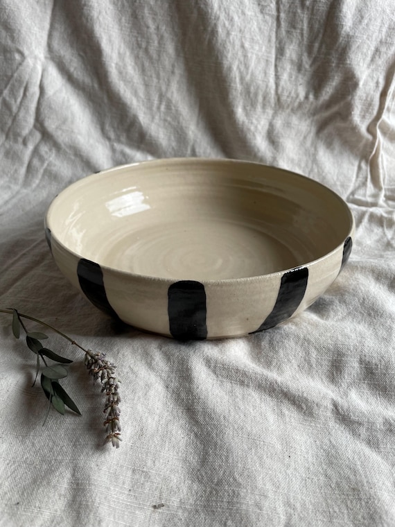 Stripe large pasta bowl, handmade wide dish, ceramic serving bowls, black and white pottery decor, home kitchen plate, eco friendly living