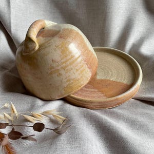 May include: A ceramic butter dish with a lid and a handle. The dish is glazed in a light brown and cream color with a speckled finish.