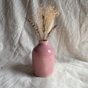 May include: A small pink ceramic vase with a rounded body and a slightly flared opening, filled with dried flowers and grasses.