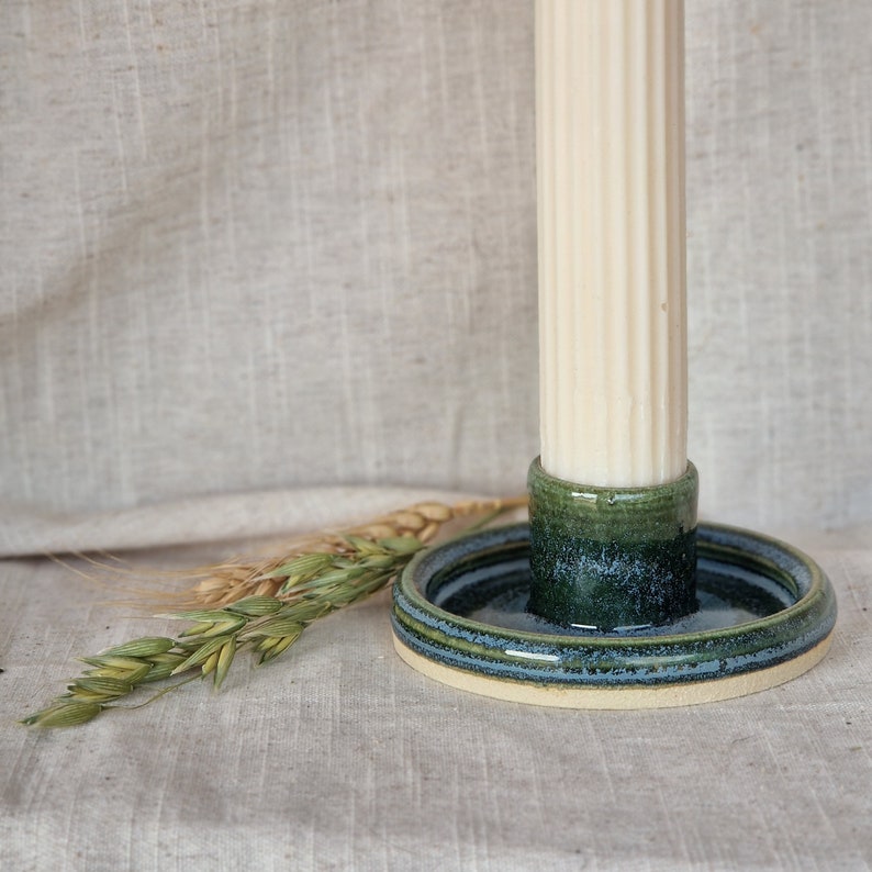 Dark green candlestick set, green candle gift homeware, boho home decor, Speckled candle stick holder image 1