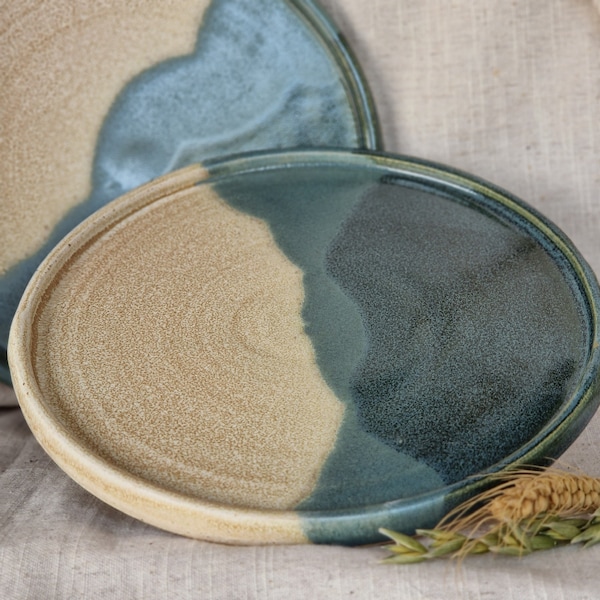 Mountains Ceramic plates, handmade lunch plate , unique green dining, handcrafted serving ceramics, home kitchen decor, cream dish