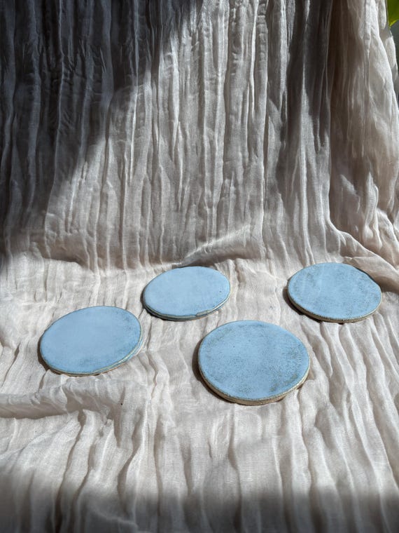 Sky Blue Set of coasters, handmade ceramic coaster, circle drink coasters, tea place matt, modern kitchen homeware, unique boho dining