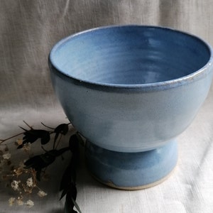 May include: A light blue ceramic bowl with a pedestal base. The bowl is glazed and has a smooth, rounded shape.