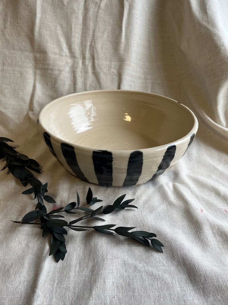 NEW Striped Fruit Bowl, handmade ceramics, black and white bowl, glazed ceramics dish, kitchenware, decorative ceramics, dining centerpiece image 3