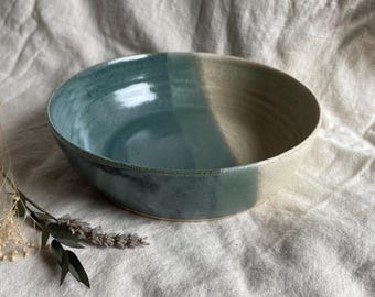 Mountains pasta bowl, handmade wide dish, ceramic serving bowls, beige pottery decor, green kitchen plate, eco friendly living,
