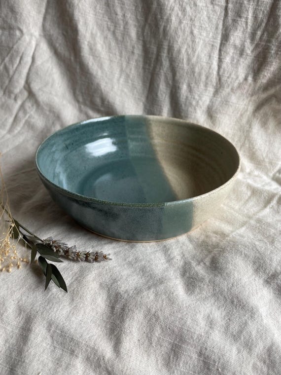 Mountains pasta bowl, handmade wide dish, ceramic serving bowls, beige pottery decor, green kitchen plate, eco friendly living,