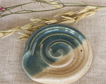 Mini Mountains spoon rest, cream kitchen decor, green and blue spoon rest, spring home design, spiral spoon rests.