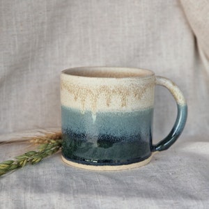 Mountain ceramic mug, Cream glazed cup, 300ml Green mugs, unique british gift, tea coffee lover, ocean glazed dining, Soft beige mugs