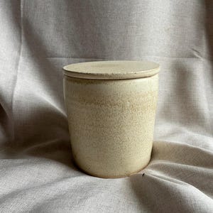 Peut inclure: Un pot en céramique blanche avec un couvercle. Le pot a une texture mouchetée et une forme légèrement arrondie.