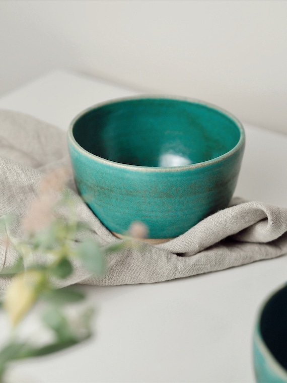 Turquoise Ceramic Tea Bowl Handmade Pottery Unique Crockery 