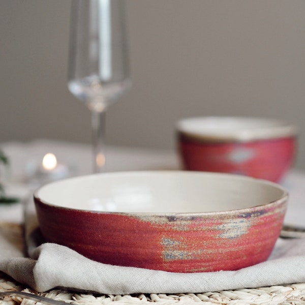 Pink pasta bowl, handmade wide dish, ceramic serving bowls, berry pottery decor, home kitchen plate, eco friendly living,large diningware